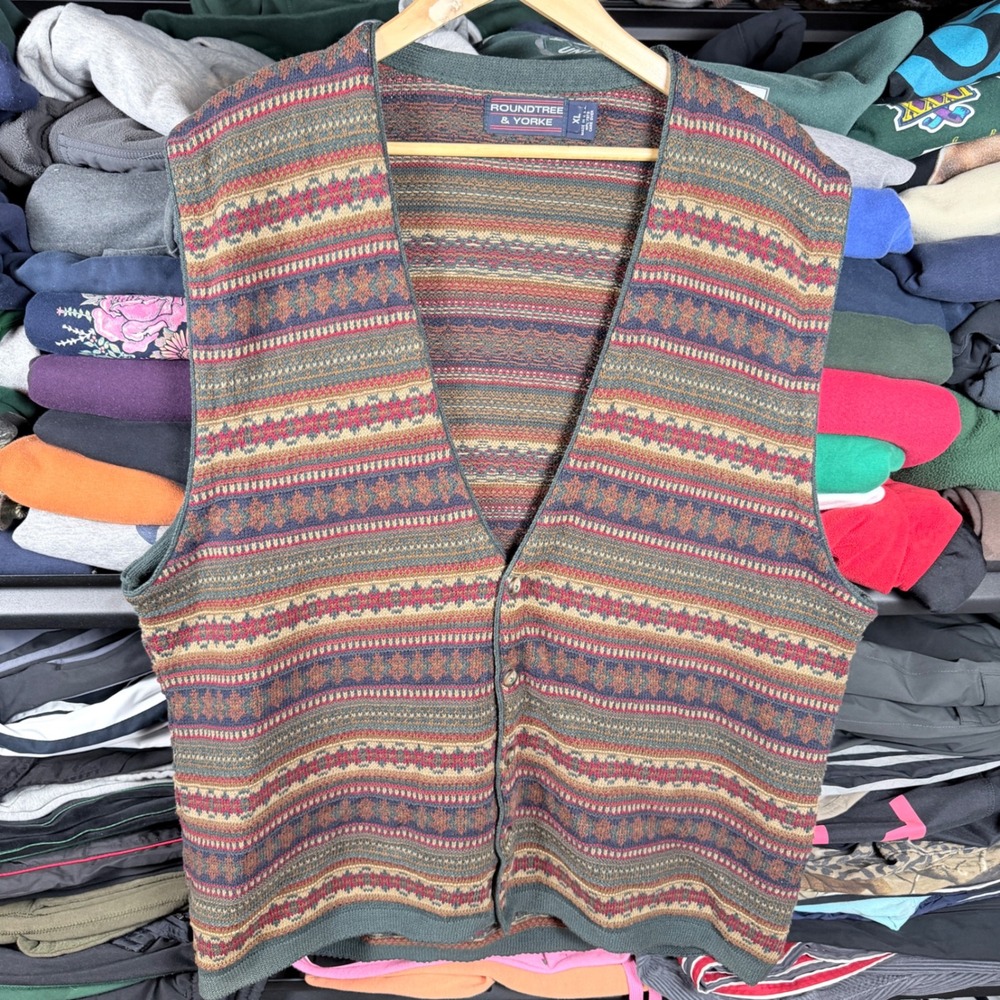 Roundtree & Yorke Mens XL Fair Isle Cotton Knit Button Front Cardigan Vest USA